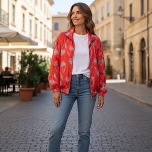 COACO Silk Bomber Jacket Women XL Red Floral Tulip Print Pinstripe Full Zip
